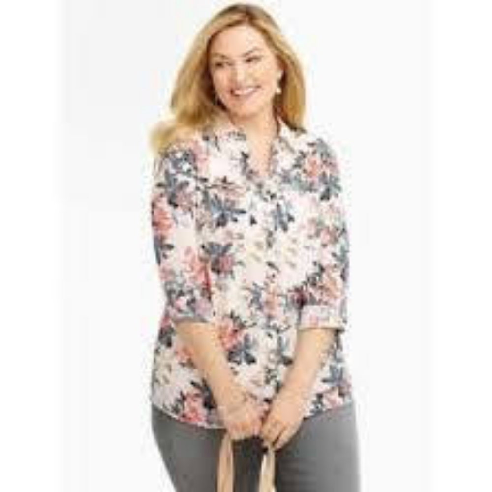 Talbots Size 1x Nantucket  Cream Blue Floral Long Sleeve Top Blouse Shirt